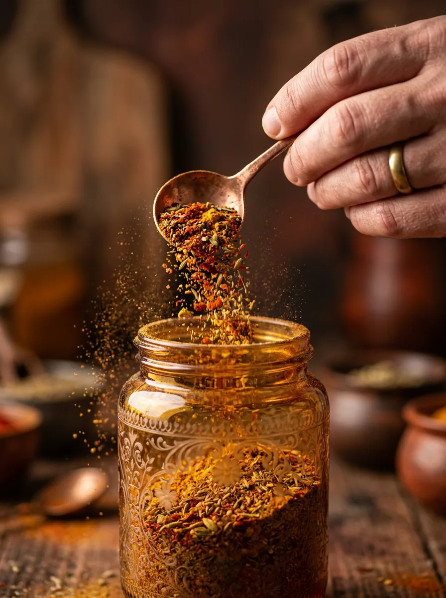 A hand pours a spice blend from a spoon into a jar