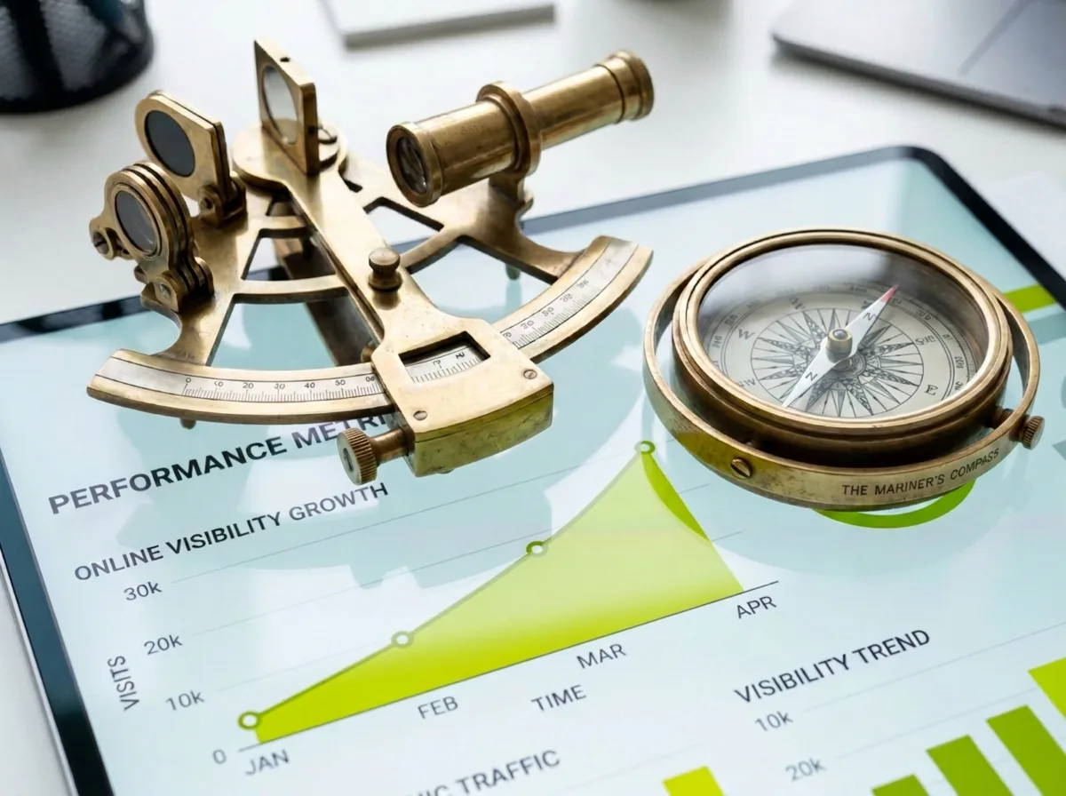 A sextant and a tablet showing growth figures on a wooden table